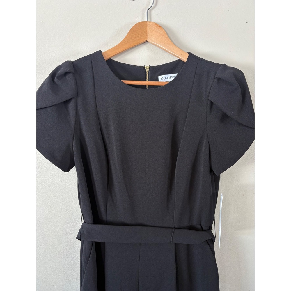 Calvin Klein Size 8 Black Crepe Puff Sleeve Belted Jumpsuit Straight Leg Classic - Picture 5 of 7